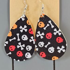 Halloween Skull Crossbones Teardrop Earrings Faux Leather Black Orange Dangle